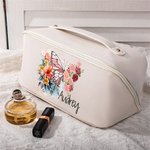 Personalised Birth Flower Butterfly Wide Opening PU Leather Makeup Bag with Name Travel Essentials Birthday Anniversary Gift for Women