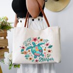 Personalised Floral Turtle Seahorse Whale Dolphin Canvas Tote Bag with Name and Leather Handle Party Birthday Gift for Women