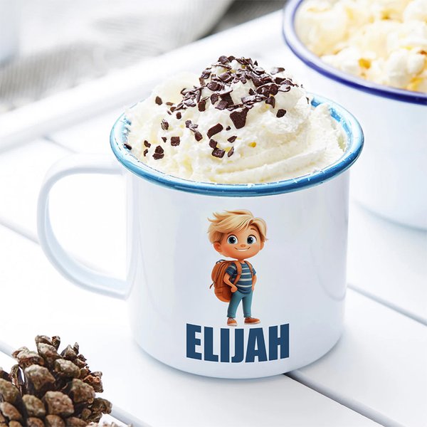 Personalised 3D Cartoon Attend School Kid 12 oz Colorful Rim Enamel Mug with Name Daily Use Birthday Back to School Gift for Boys Girls