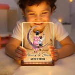 Personalisierte Mond Stern Mutter Kind zurück Ansicht Cartoon LED-Nachtlicht mit hölzernen Basis Name und Text Muttertag Geburtstag Geschenk für Mutter Kinder