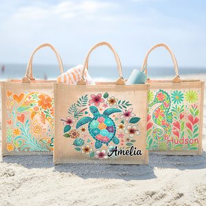 Personalized Marine Animal Patterns Large Jute Tote Bag with Name Beach Party Essential Birthday Anniversary Travel Gift for Women Friends