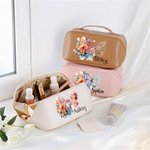 Personalised Birth Flower Butterfly Wide Opening PU Leather Makeup Bag with Name Travel Essentials Birthday Anniversary Gift for Women