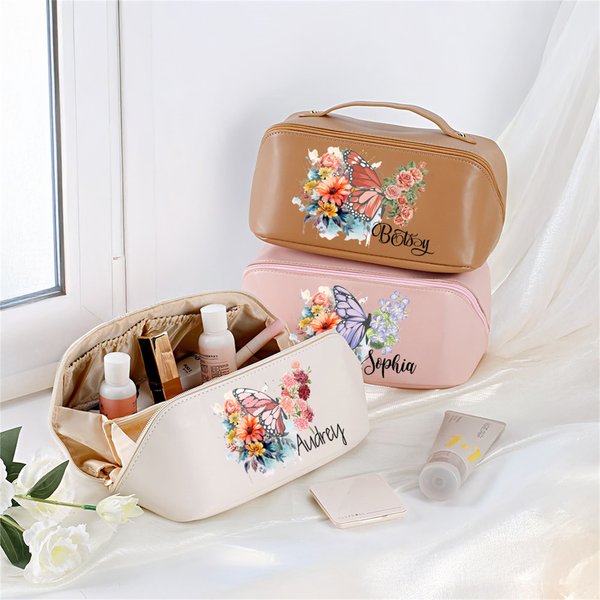 Henkilökohtainen Syntymä Kukka Perhonen Laaja avaaminen PU Nahka Makeup Bag nimi Travel Essentials Syntymäpäivä Vuosipäivä lahja naisille