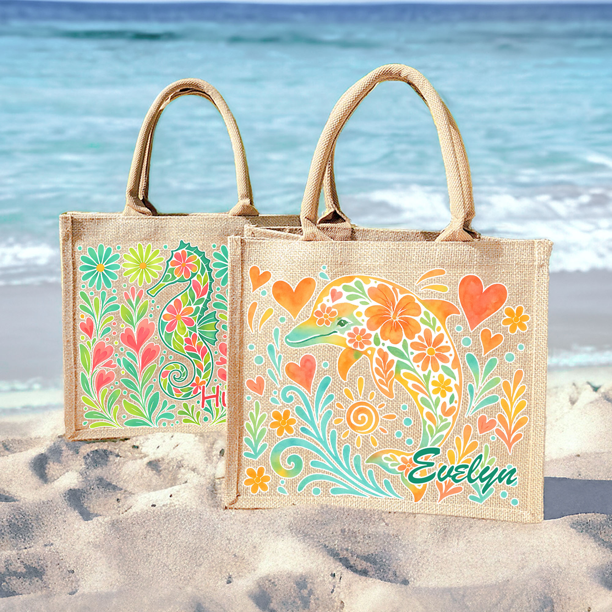 Personalised Marine Animal Patterns Large Jute Tote Bag with Name Beach ...