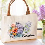Personalised Birth Flower Butterfly Canvas Tote Bag with Name and Leather Handle Travel Essentials Birthday Anniversary Gift for Women