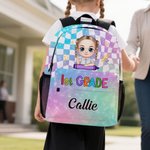 Personalized Cute Cartoon Character Plaid Backpack with Name and Side Pockets Birthday Back to School Gift for Boys Girls