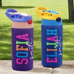 Personalized Multicolor Neon Name 12 oz Kid Insulated Water Bottle with Handle and Silicone Straw Birthday Back to School Gift for Boys Girls