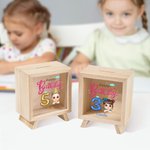 Ballon personnalisé Happy Birthday Cartoon Kid Wooden Clear Money Box Piggy Bank with Name Desk Decor Birthday Gift for Boys Girls