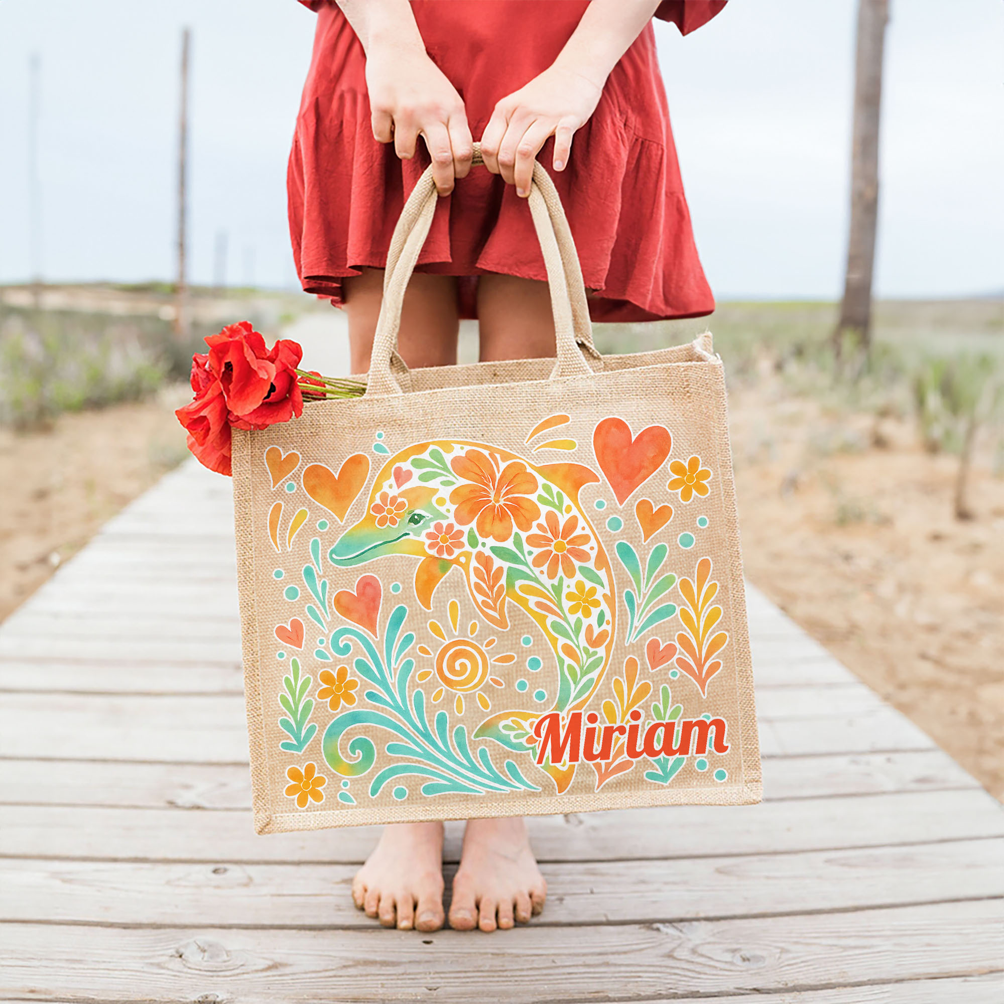 Personalised Marine Animal Patterns Large Jute Tote Bag with Name Beach ...