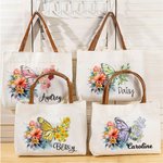 Personalised Birth Flower Butterfly Canvas Tote Bag with Name and Leather Handle Travel Essentials Birthday Anniversary Gift for Women
