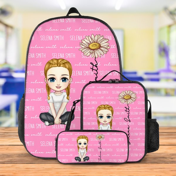 Personalized Cute Cartoon Birth Flower Multicolor Backpack Lunch Bag Pencil Case Set with Name Back to School Birthday Gift for Boys Girls