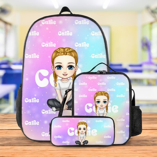 Personalized Gradient Color Cartoon Character Name Backpack Lunch Bag Pencil Case Set with Name Back to School Birthday Gift for Boys Girls