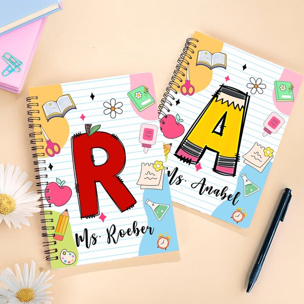 Lápiz personalizado Manzana Crayón Inicial A5 Cuaderno de espiral con 60 páginas rayadas Día de vuelta al cole Regalo de agradecimiento para el profesor