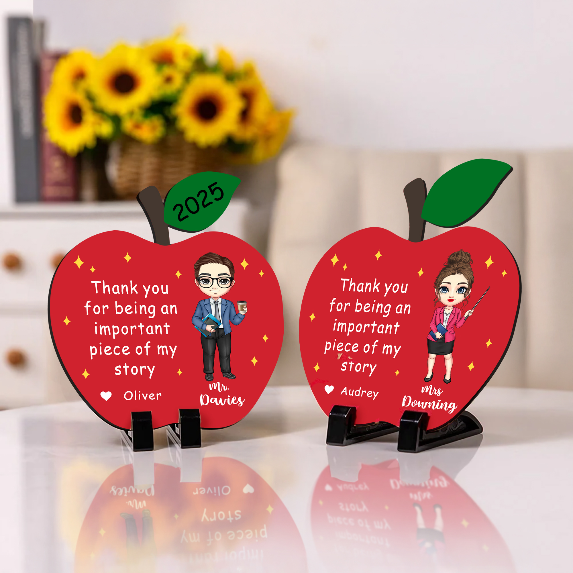 Ornement personnalisé en bois en forme de pomme avec l'année et le nom de l'enseignant Cadeau d'appréciation de la journée des enseignants pour les enseignants