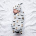 Personalized Cute Cloud Moon Highland Cow Baby Swaddle Knotted Hat Set Blanket with Name Coming Home Outfit Birthday Baby Shower Gift for Newborns