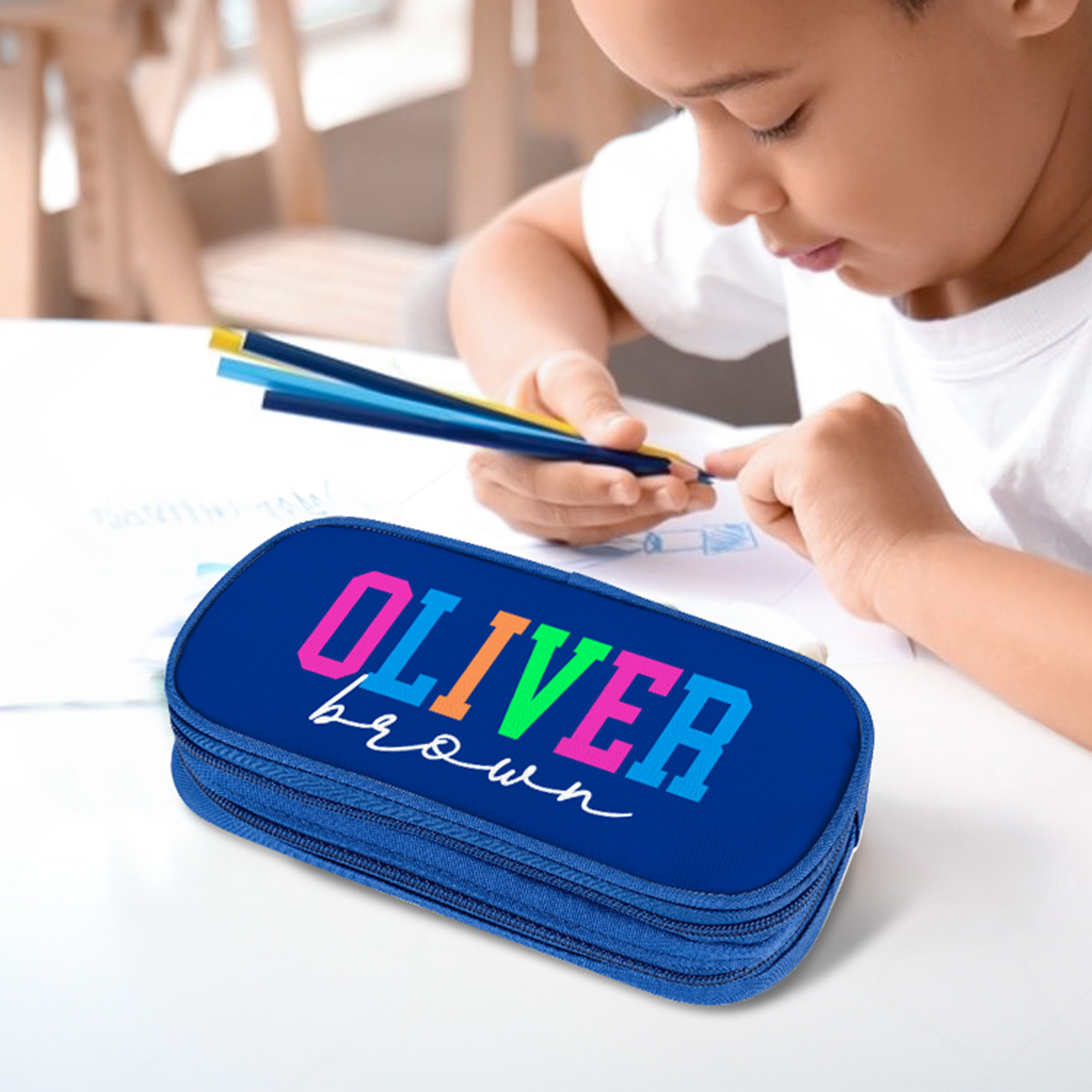 Trousse à crayons double couche néon personnalisée avec nom Fournitures scolaires Retour à l'école Cadeau d'anniversaire pour les enseignants Enfants