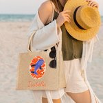 Personalized Whale Marine Art Illustration Jute Tote Bag with Name Summer Vacation Beach Party Birthday Gift for Women Ocean Lover