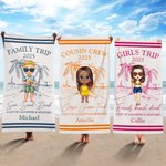 Personalized Hand Drawn Line Summer Beach Cartoon Character Oversized Quick Dry Beach Towel with Name Travel Essential Birthday Gift for Kid Family