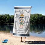 Personalized Hand Drawn Line Summer Beach Cartoon Character Oversized Quick Dry Beach Towel with Name Travel Essential Birthday Gift for Kid Family