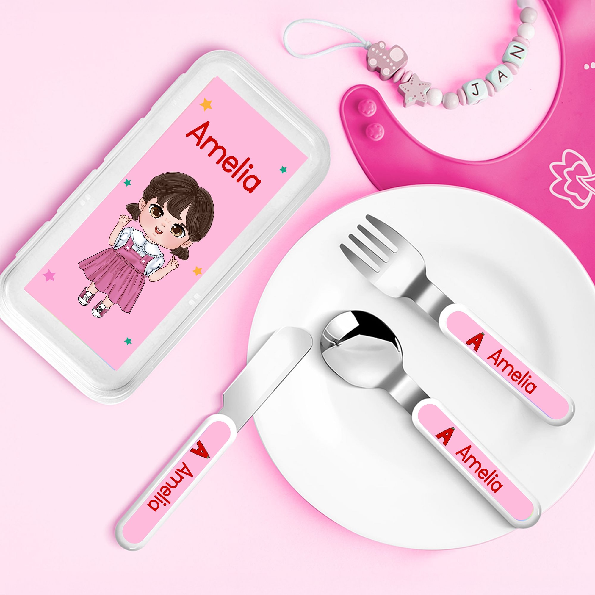 Fourchette Cuillère Couteau 3 pièces avec nom et étui Cadeau d'anniversaire de rentrée scolaire pour garçons filles