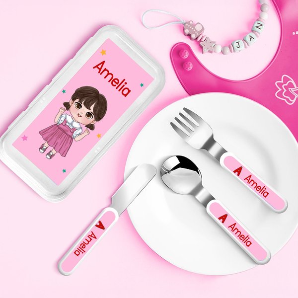 Fourchette Cuillère Couteau 3 pièces avec nom et étui Cadeau d'anniversaire de rentrée scolaire pour garçons filles