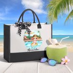 Personalized  Pool Vacation Cartoon Girl Canvas Tote Bag with Name Travel Accessory Birthday Anniversary Gift for Woman