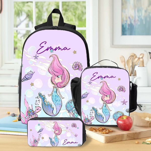 Personalised Cartoon Mermaid Backpack Luch Bag Pencil Case Set with Name Back to School Birthday Gift for Girls