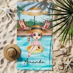 Personalized Pool Vacation Cartoon Girl Quick Dry Oversized Beach Towel with Name Summer Party Birthday Gift for Woman