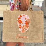 Personalized Whale Marine Art Illustration Jute Tote Bag with Name Summer Vacation Beach Party Birthday Gift for Women Ocean Lover