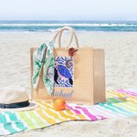 Personalized Whale Marine Art Illustration Jute Tote Bag with Name Summer Vacation Beach Party Birthday Gift for Women Ocean Lover