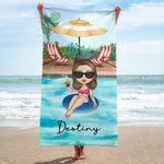 Personalized Pool Vacation Cartoon Girl Quick Dry Oversized Beach Towel with Name Summer Party Birthday Gift for Woman