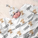 Personalized Cute Cloud Moon Highland Cow Baby Swaddle Knotted Hat Set Blanket with Name Coming Home Outfit Birthday Baby Shower Gift for Newborns