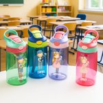 Personalised Cute Cartoon Boy Girl Name 16 oz Water Bottle with Silicone Straw and Handle Birthday Back to School Gift for Kids
