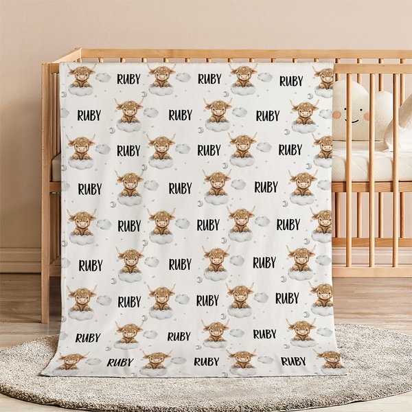 Personalized Cute Cloud Moon Highland Cow Baby Swaddle Knotted Hat Set Blanket with Name Coming Home Outfit Birthday Baby Shower Gift for Newborns