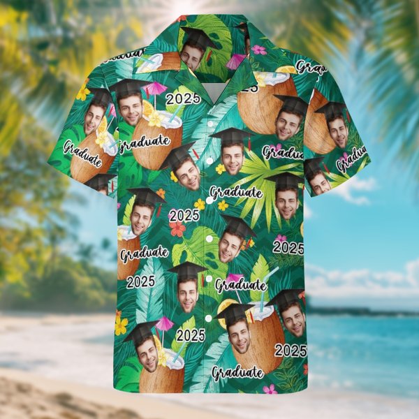 Personalized Graduation Cap Face Photo Hawaiian Shirt with Name and Year Graduation Party Summer Vacation Beach Party Gift for Man