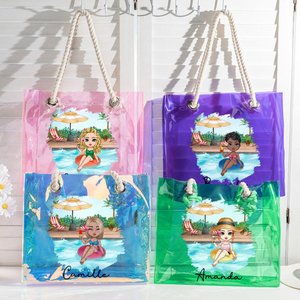 Personalized Pool Vacation Cartoon Girl Holographic Clear Tote Bag with Name Summer Party Holiday Birthday Gift for Women Girls