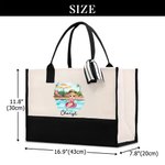 Personalized  Pool Vacation Cartoon Girl Canvas Tote Bag with Name Travel Accessory Birthday Anniversary Gift for Woman