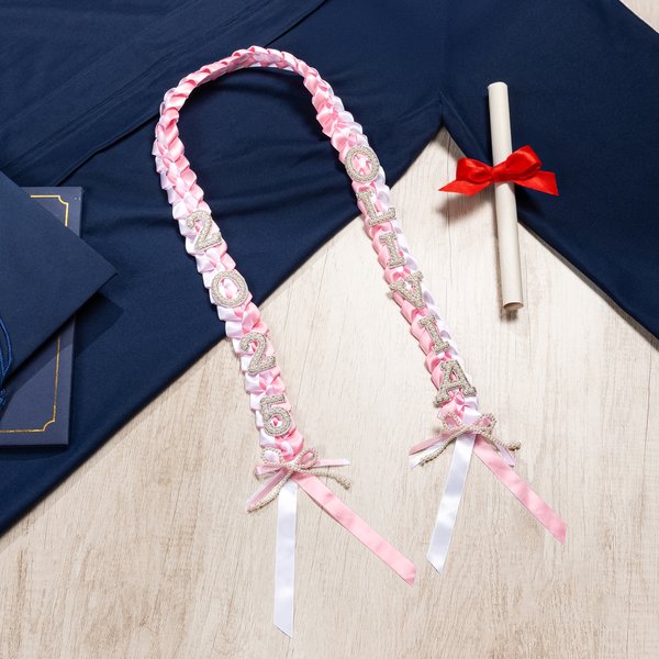 Personalised Bling Rhinestone Pearl Bowknot Letter Two-Colored Ribbon Braided Lei with Name Party Decor Graduation Gift for Graduates
