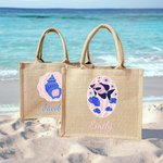 Personalized Whale Marine Art Illustration Jute Tote Bag with Name Summer Vacation Beach Party Birthday Gift for Women Ocean Lover