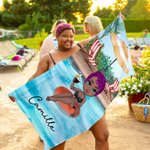 Personalized Pool Vacation Cartoon Girl Quick Dry Oversized Beach Towel with Name Summer Party Birthday Gift for Woman