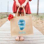 Personalized Whale Marine Art Illustration Jute Tote Bag with Name Summer Vacation Beach Party Birthday Gift for Women Ocean Lover
