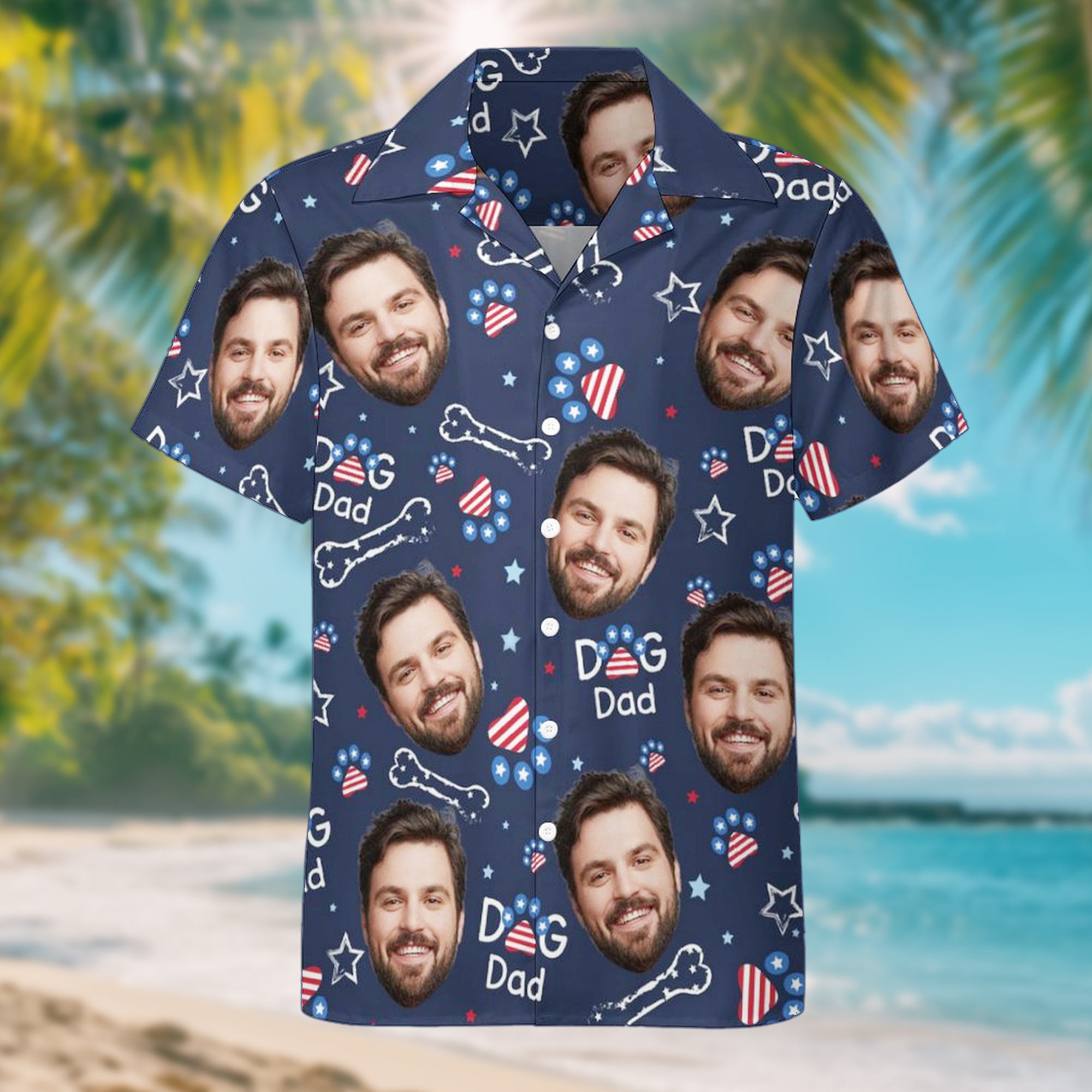 Drapeau national personnalisé Dog Cat Paw Print Hawaiian Style T-shirt avec 1-6 photos de visage Independence Day Anniversary Gift for Pets Lovers