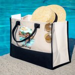Personalized  Pool Vacation Cartoon Girl Canvas Tote Bag with Name Travel Accessory Birthday Anniversary Gift for Woman