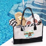 Personalized  Pool Vacation Cartoon Girl Canvas Tote Bag with Name Travel Accessory Birthday Anniversary Gift for Woman