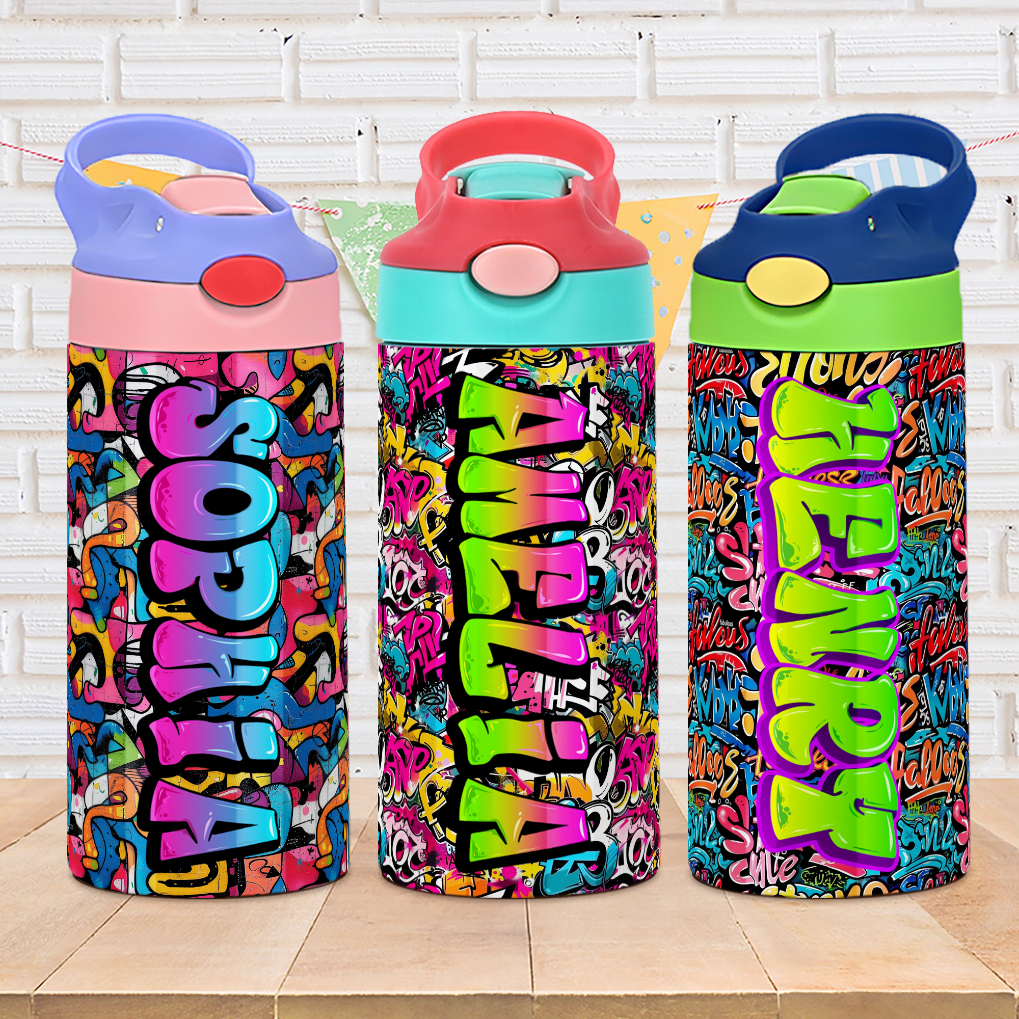 Bouteille d'eau isotherme 12 oz avec paille et poignée personnalisée Graffiti Name Cadeau d'anniversaire pour les enfants, les adolescents et les étudiants