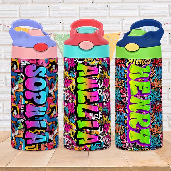 Personalised Graffiti Name 12 oz Insulated Water Bottle with Straw and Handle Birthday Back to School Gift for Kids Teenagers Students