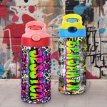 Personalized Graffiti Name 12 oz Insulated Water Bottle with Straw and Handle Birthday Back to School Gift for Kids Teenagers Students