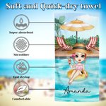 Personalized Pool Vacation Cartoon Girl Quick Dry Oversized Beach Towel with Name Summer Party Birthday Gift for Woman