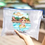 Personalised Pool Vacation Cartoon Girl Waterproof Beach Bag with Name Birthday Summer Party Gift for Women