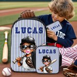 Personalised Stripes Cartoon Baseball Kid Character Backpack Lunch Bag Pencil Case Set with Name Back to School Birthday Gift for Boys Girls